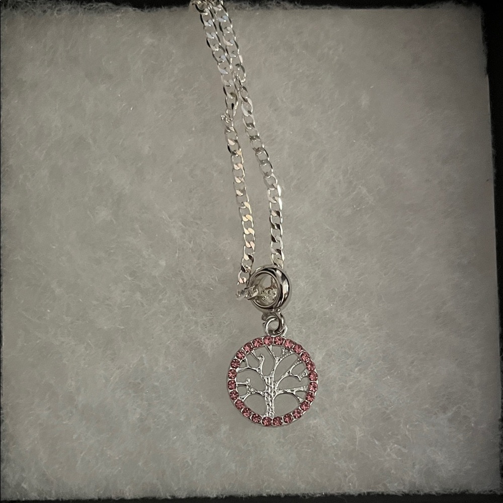 Fashion Silver Tree of Life Pendant Necklace with Pink Crystals